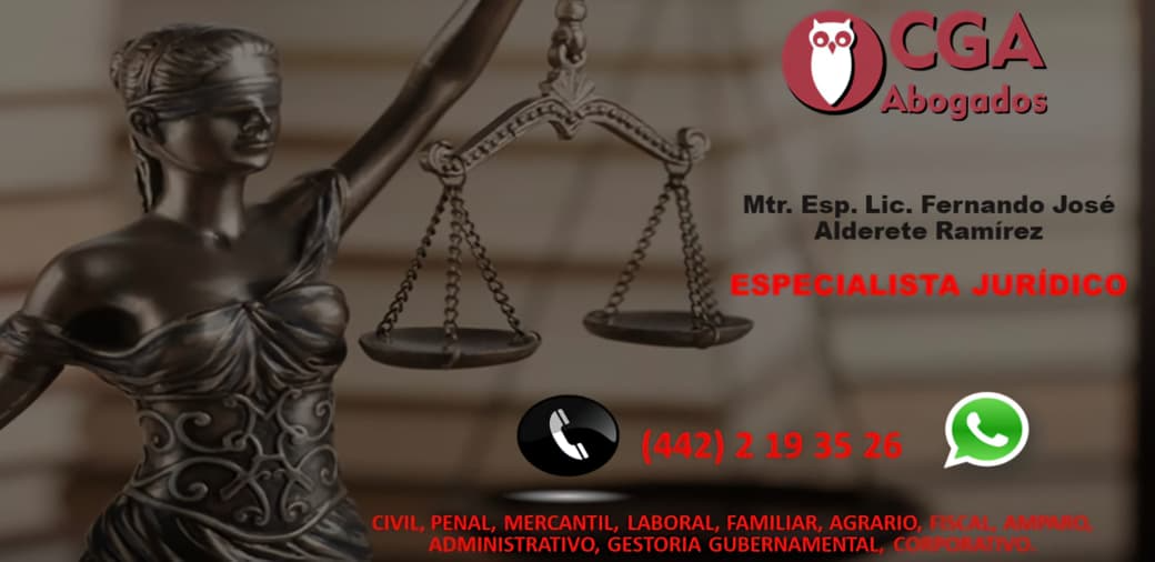 Presentación de CGA Abogados con imagen de la justicia, balanza, nombre del especialista y teléfono